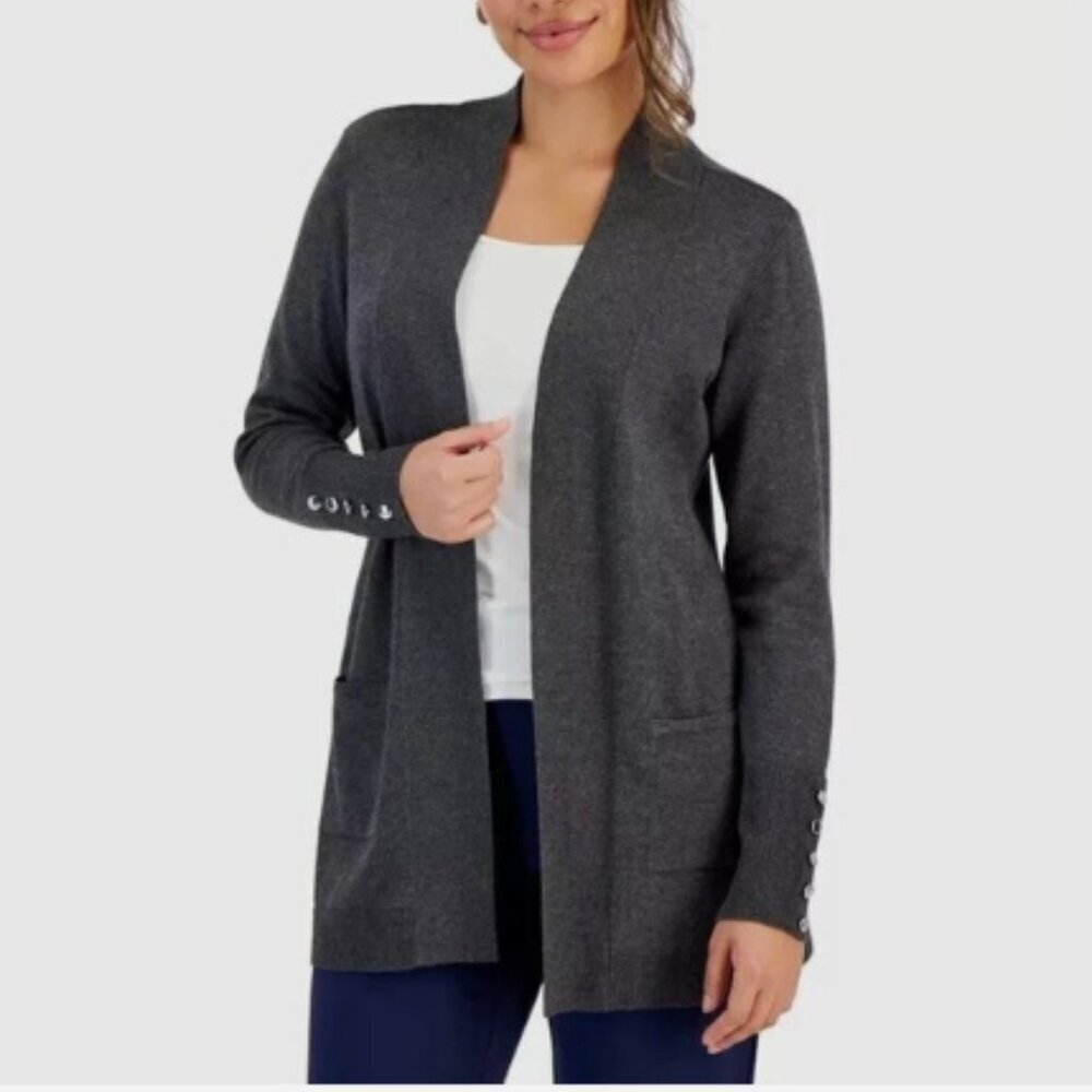 JM Collection Women's Sz Large Open-Front Cardigan Dark Gray Pockets Faux Button